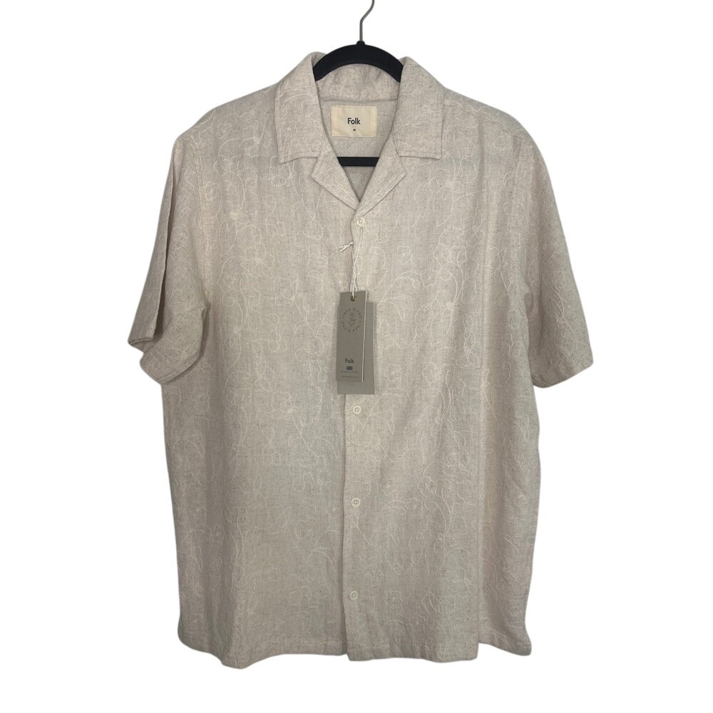 Folk Mens Flow SS Shirt Linen Blend Natural Short Sleeve Button Down M Medium